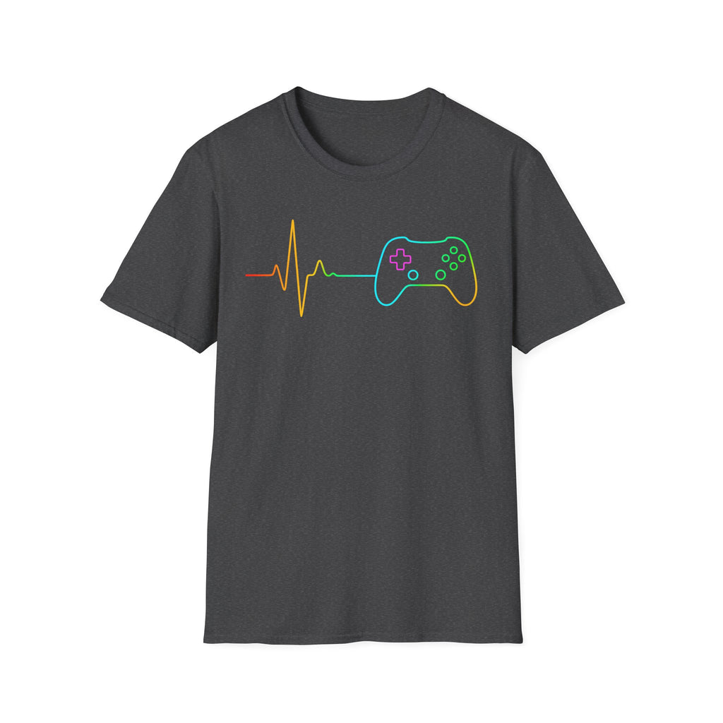 Heartbeat Game Controller T-Shirt | Neon Gaming Pulse Tee