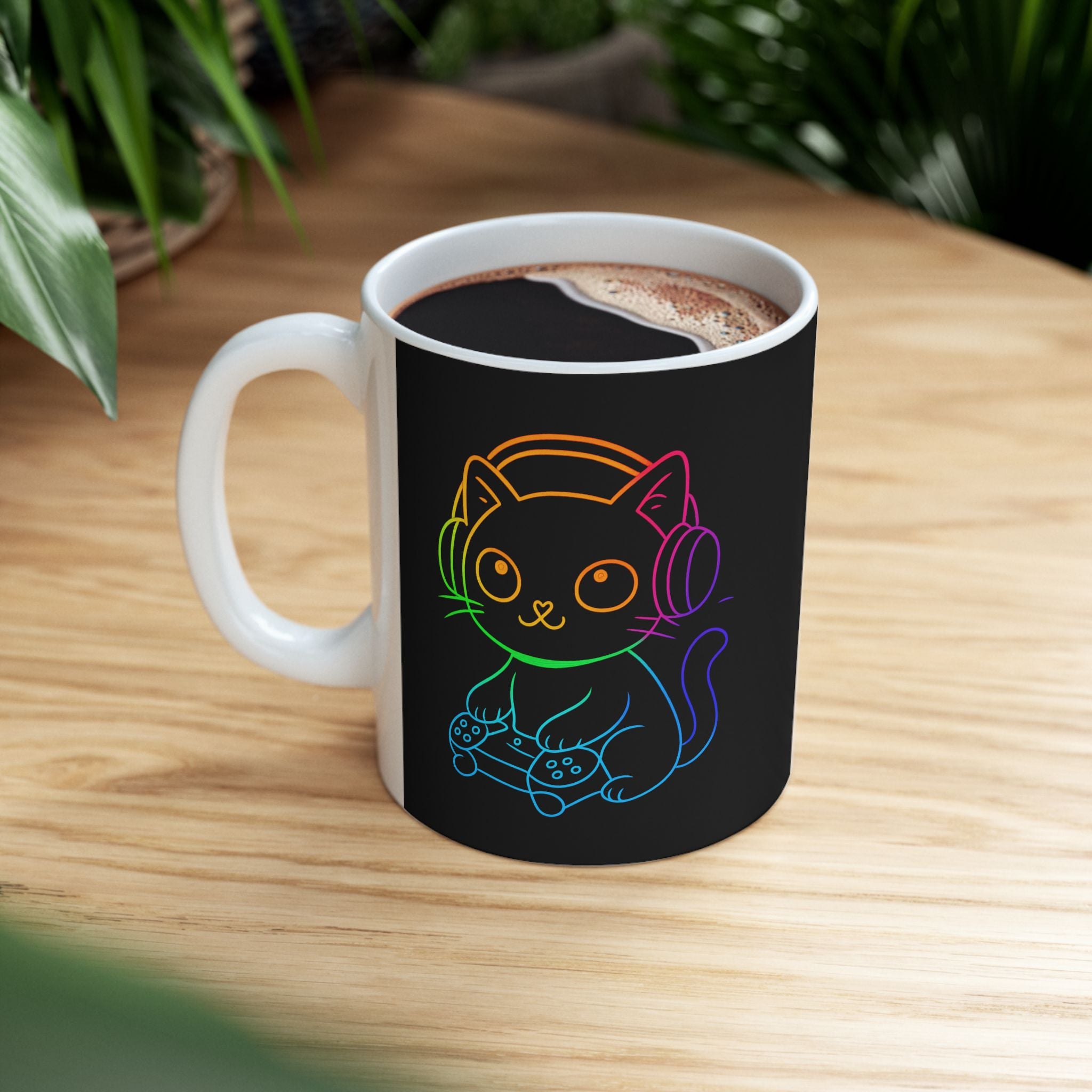 Neon Gamer Cat Mug | Rainbow Outline Cat with Headphones & Game Controller (11oz, 15oz)