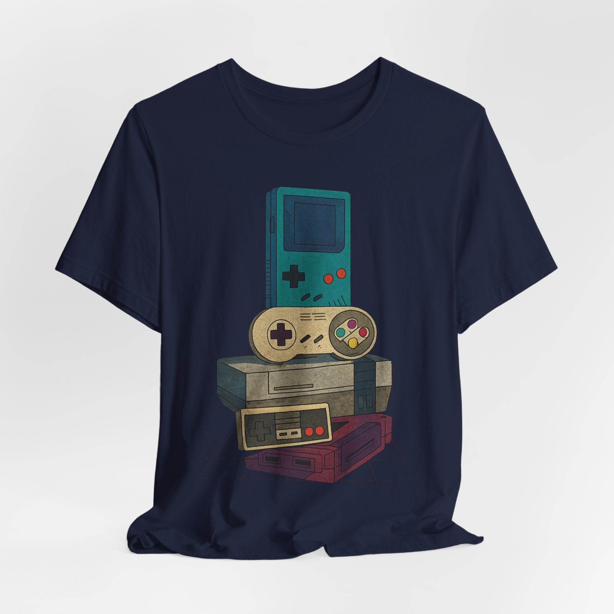 Retro Gaming Stack T-Shirt — Vintage Handheld & Console Graphic Tee