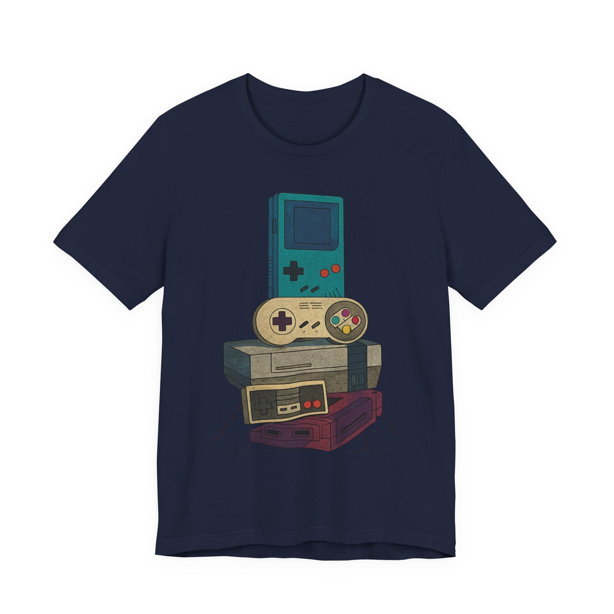 Retro Gaming Stack T-Shirt — Vintage Handheld & Console Graphic Tee