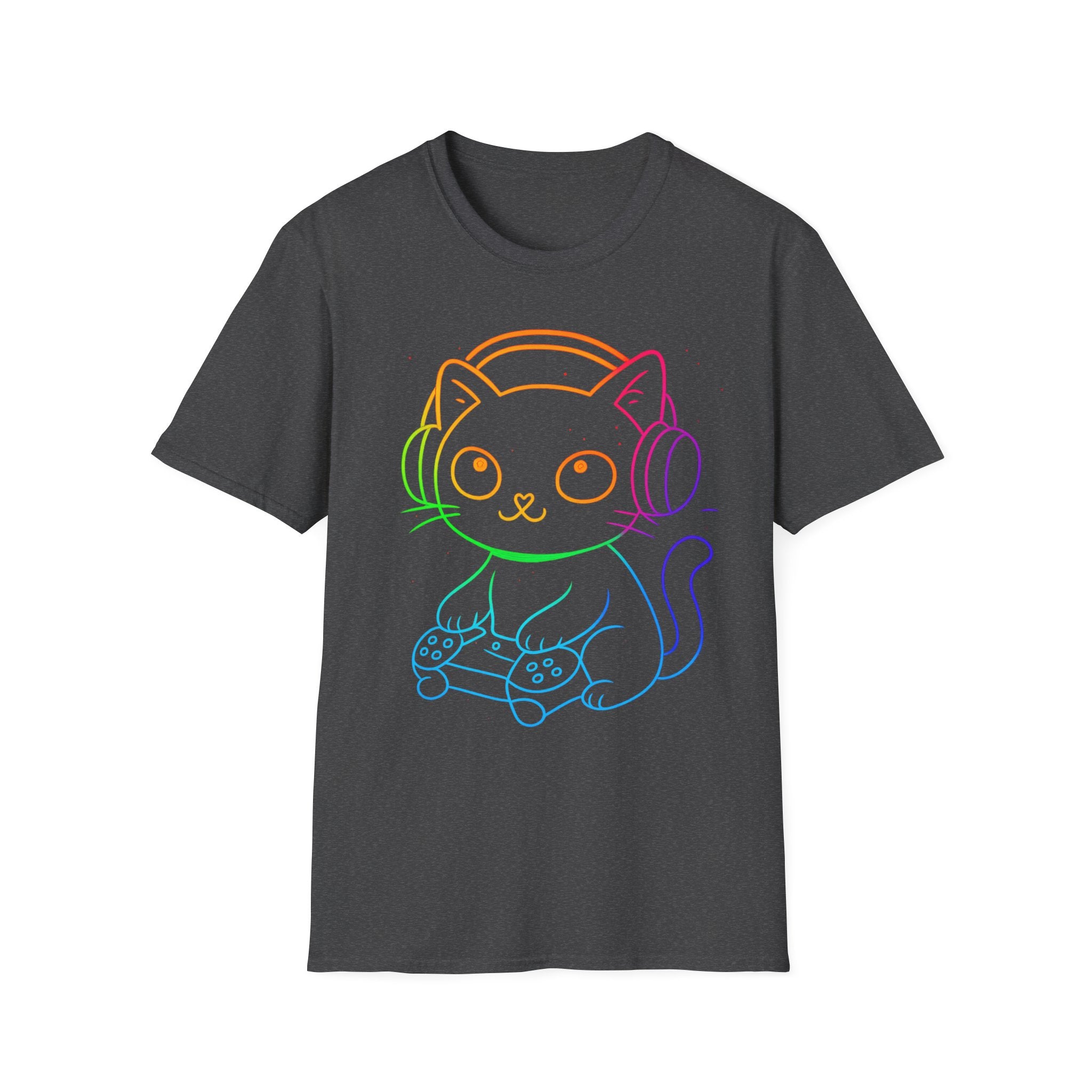 Rainbow Gamer Cat T-Shirt | Cute Kitty with Headphones & Controller